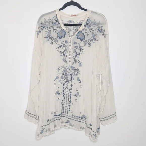 Johnny Was Floral Embroidered Tunic Top Cream Blue Grey Large - Picture 2 of 8